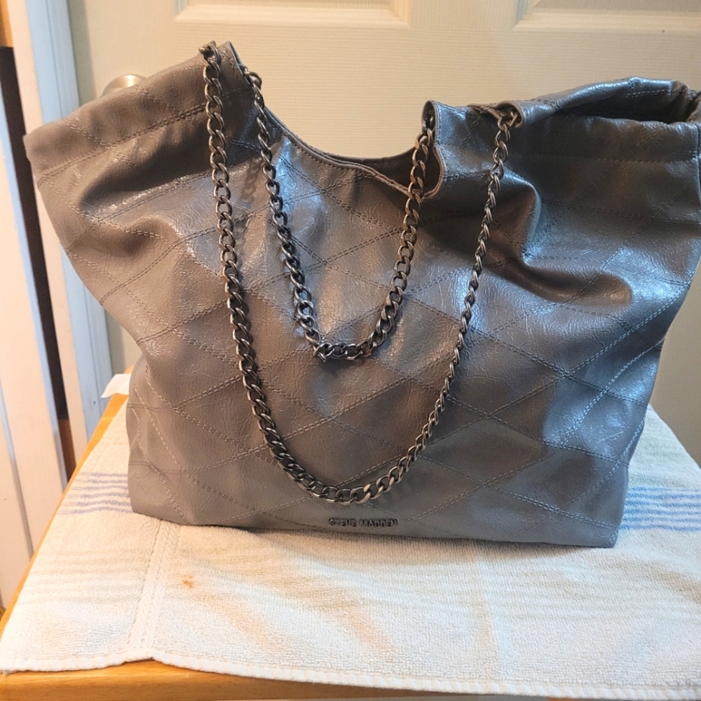 Gray Oversized Tote with Chain Handles